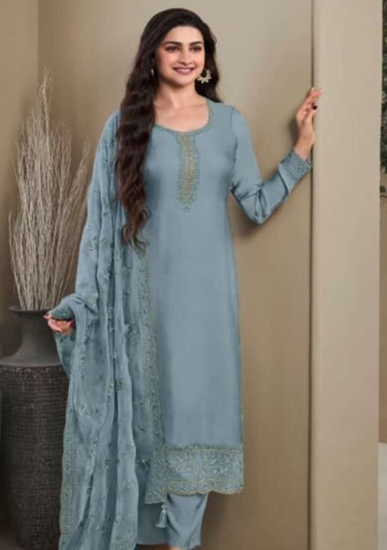Blue Embroidered Silk Blend Kurta Set - Indya