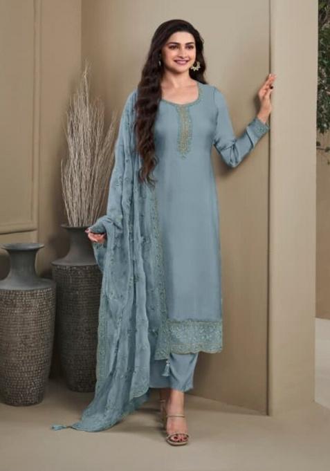 Blue Embroidered Silk Kurta Set