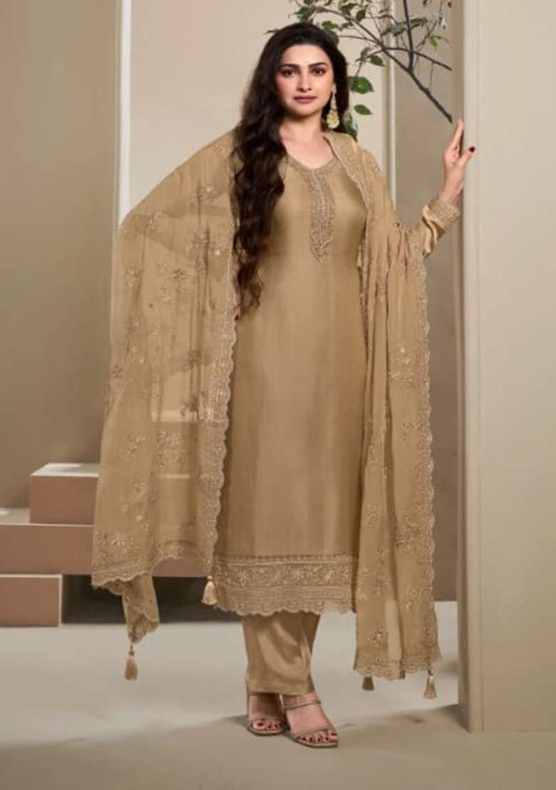 Beige Embroidered Silk Blend Kurta Set - Indya