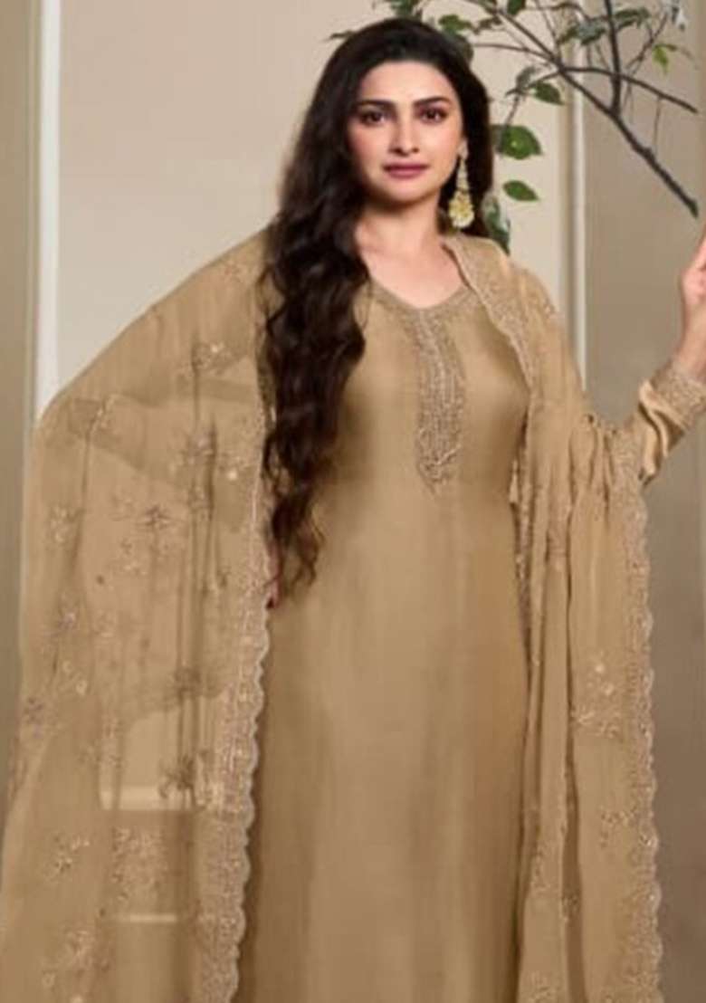 Beige Embroidered Silk Blend Kurta Set - Indya
