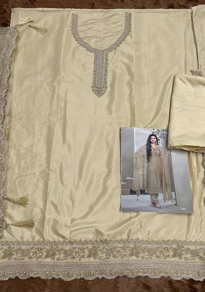 Beige Embroidered Silk Blend Kurta Set - Indya
