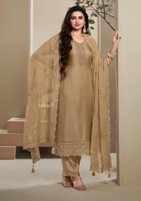 Beige Embroidered Silk Kurta Set