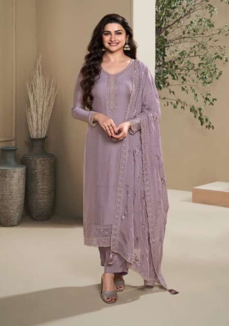 Purple Embroidered Silk Blend Kurta Set - Indya