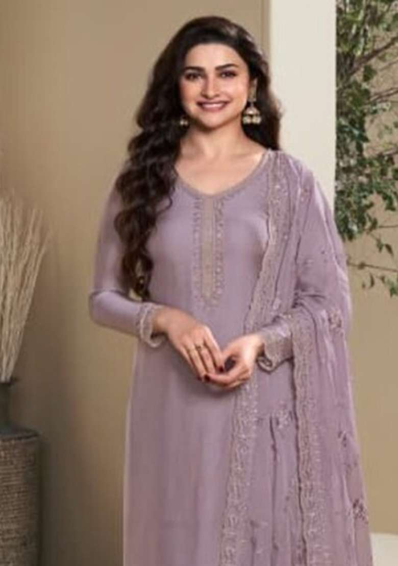 Purple Embroidered Silk Blend Kurta Set - Indya