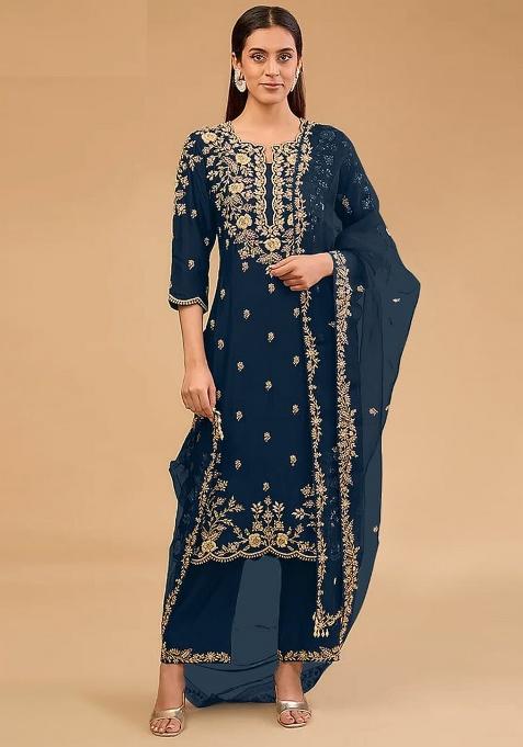 Teal Embroidered Silk Kurta Set