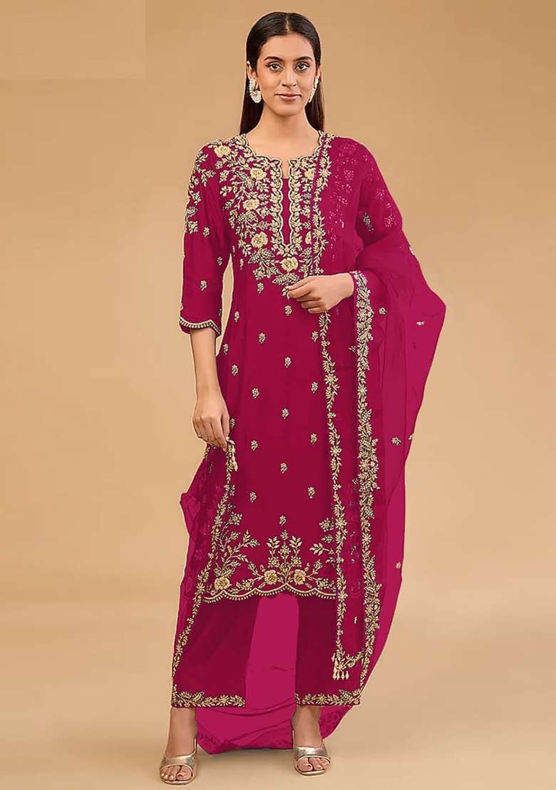 Pink Embroidered Silk Kurta Set - Indya