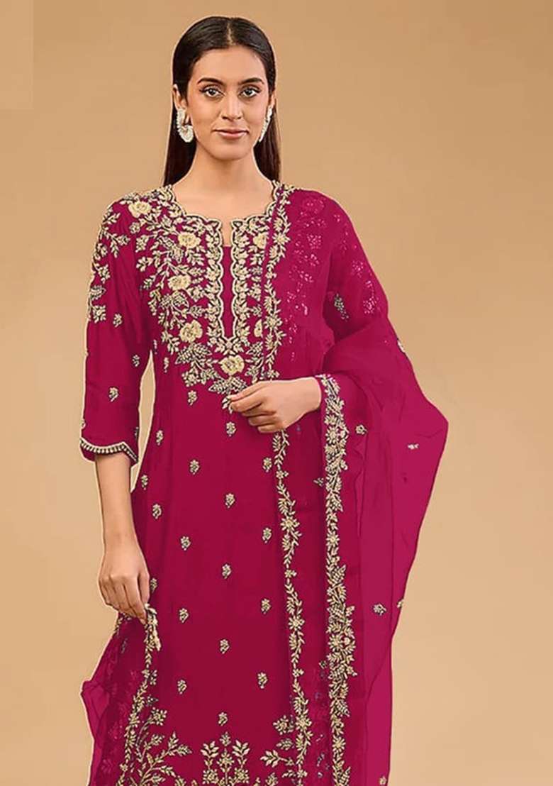 Pink Embroidered Silk Kurta Set - Indya