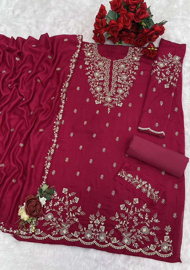 Pink Embroidered Silk Kurta Set - Indya