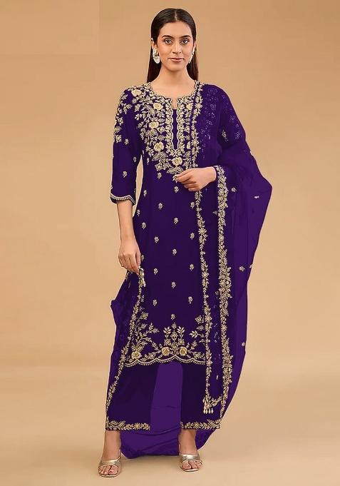 Purple Embroidered Silk Kurta Set