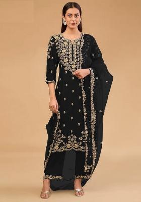 Black Embroidered Silk Kurta Set