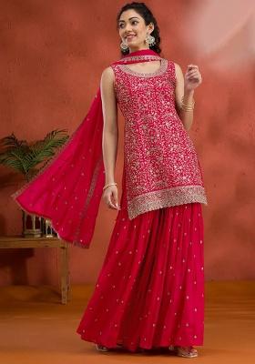 Red Embroidered Georgette Kurta Set