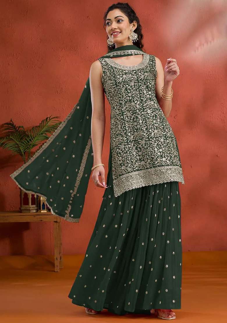 Green Embroidered Georgette Kurta Set - Indya