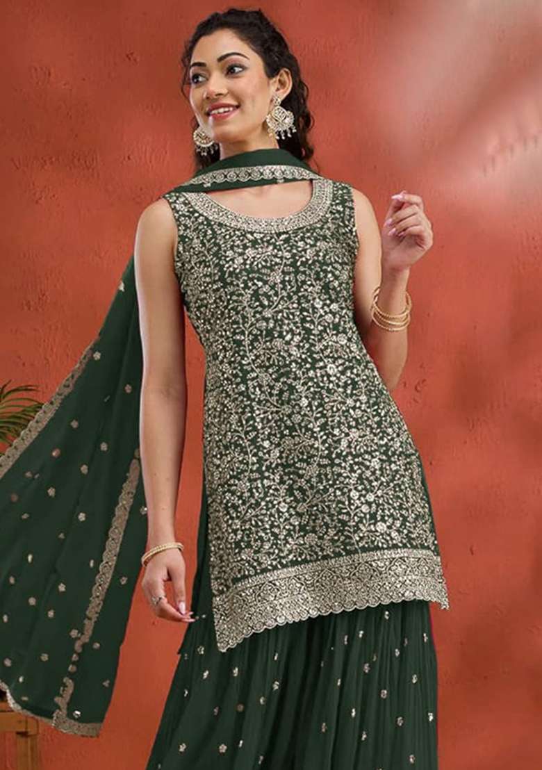 Green Embroidered Georgette Kurta Set - Indya