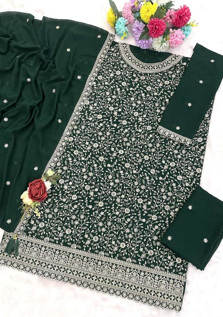 Green Embroidered Georgette Kurta Set - Indya