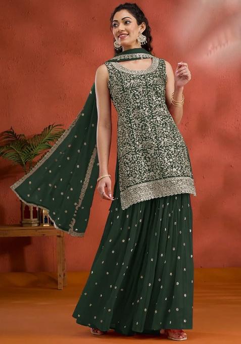 Green Embroidered Georgette Kurta Set