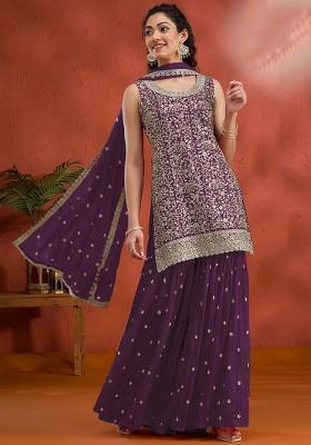 Purple Embroidered Georgette Kurta Set