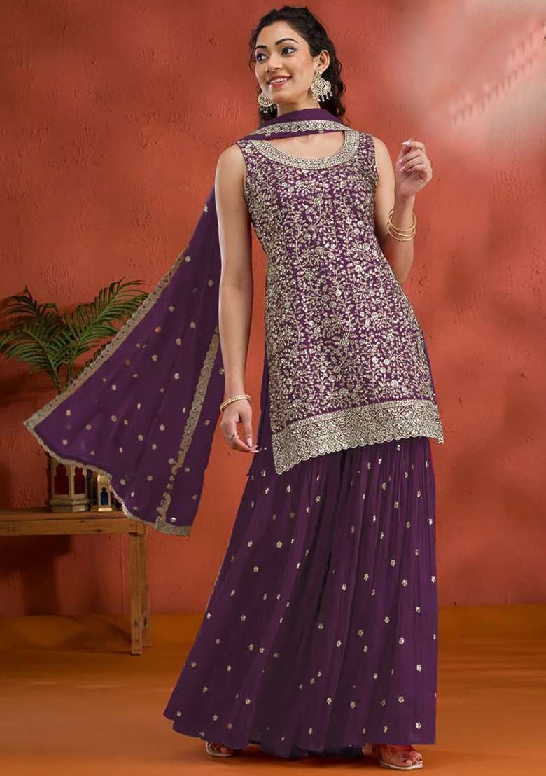 Purple Embroidered Georgette Kurta Set - Indya
