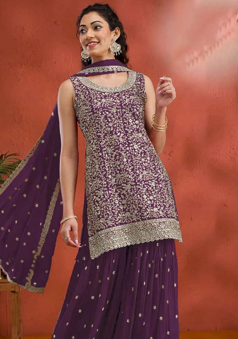 Purple Embroidered Georgette Kurta Set - Indya