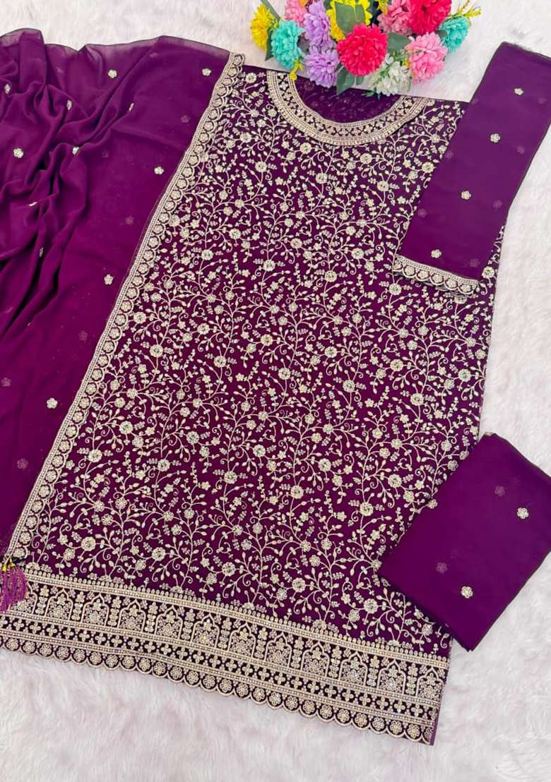 Purple Embroidered Georgette Kurta Set - Indya