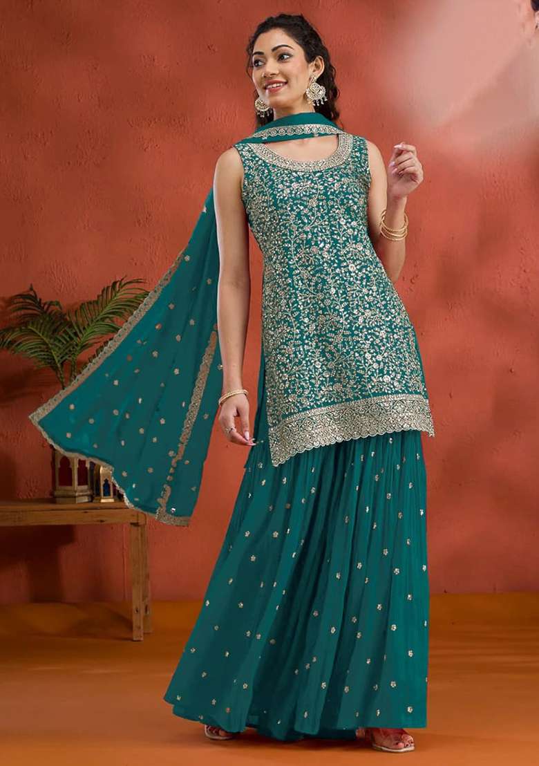 Blue Embroidered Georgette Kurta Set - Indya