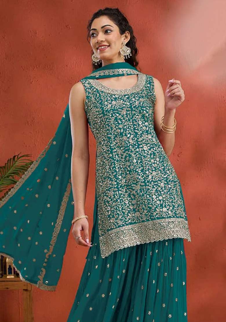 Blue Embroidered Georgette Kurta Set - Indya