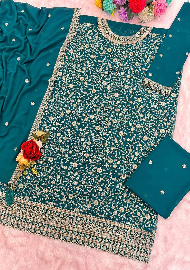 Blue Embroidered Georgette Kurta Set - Indya