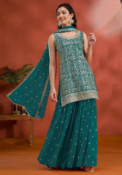 Blue Embroidered Georgette Kurta Set