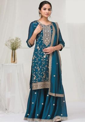 Teal Embroidered Silk Blend Kurta Set