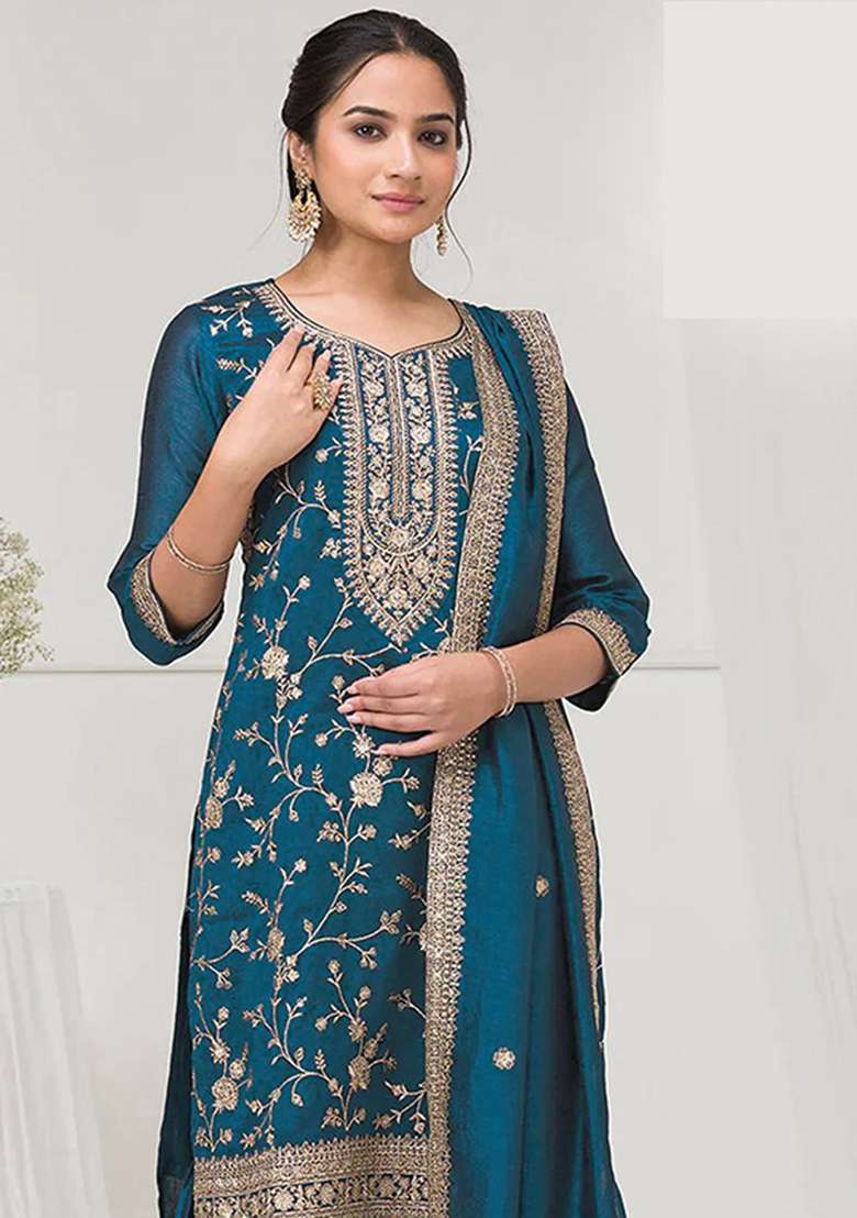 Teal Embroidered Silk Blend Kurta Set - Indya