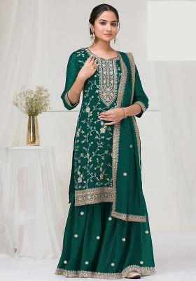 Green Embroidered Silk Kurta Set