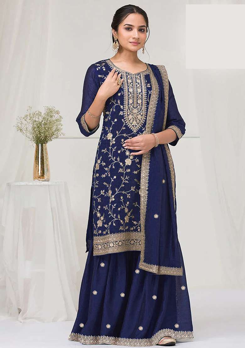 Blue Embroidered Silk Blend Kurta Set - Indya