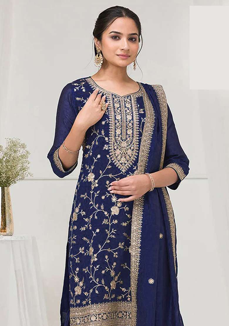 Blue Embroidered Silk Blend Kurta Set - Indya