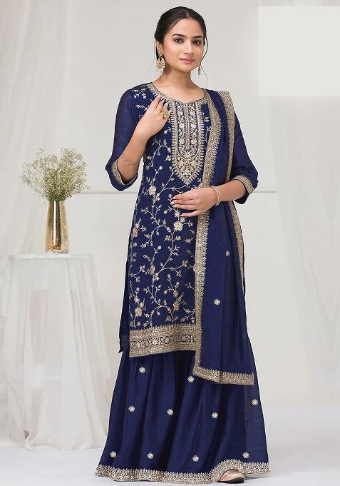 Blue Embroidered Silk Kurta Set