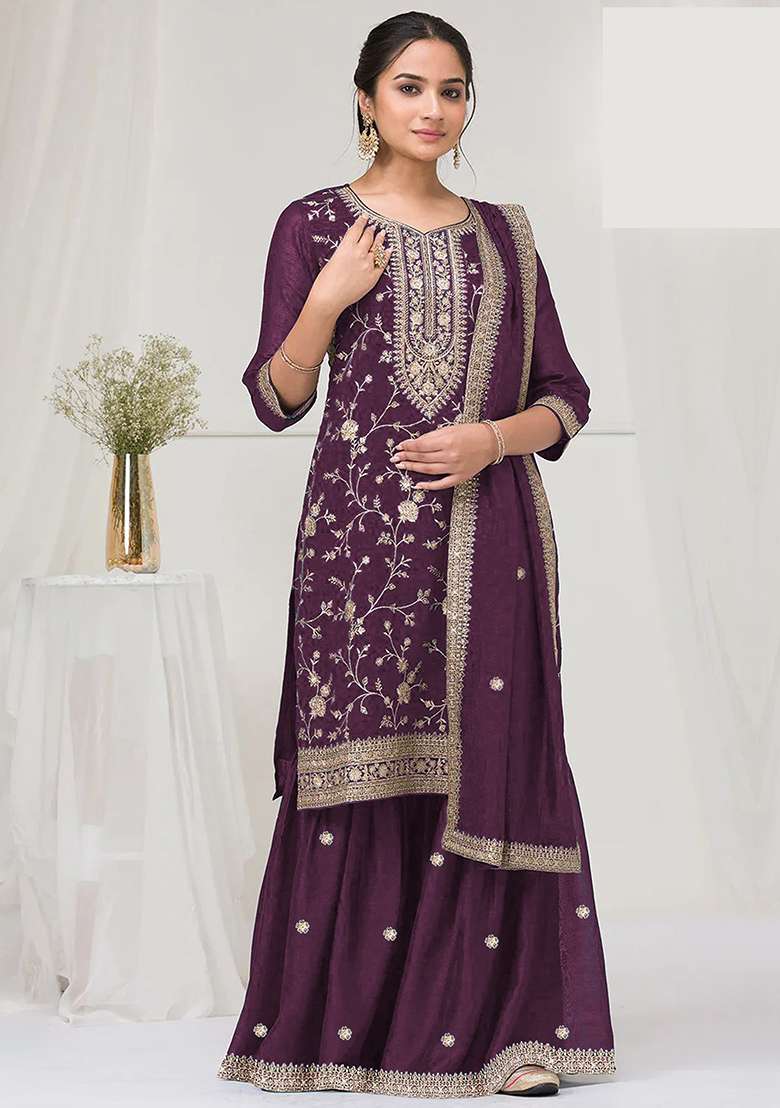 Wine Embroidered Silk Blend Kurta Set - Indya
