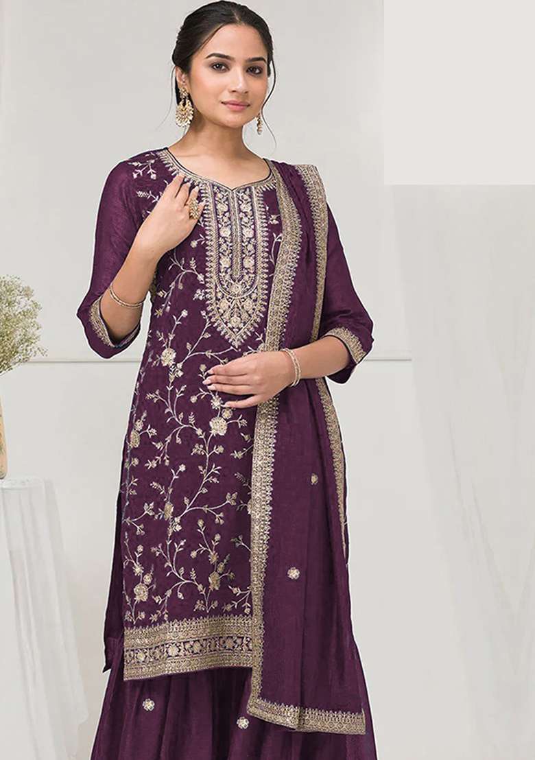 Wine Embroidered Silk Blend Kurta Set - Indya
