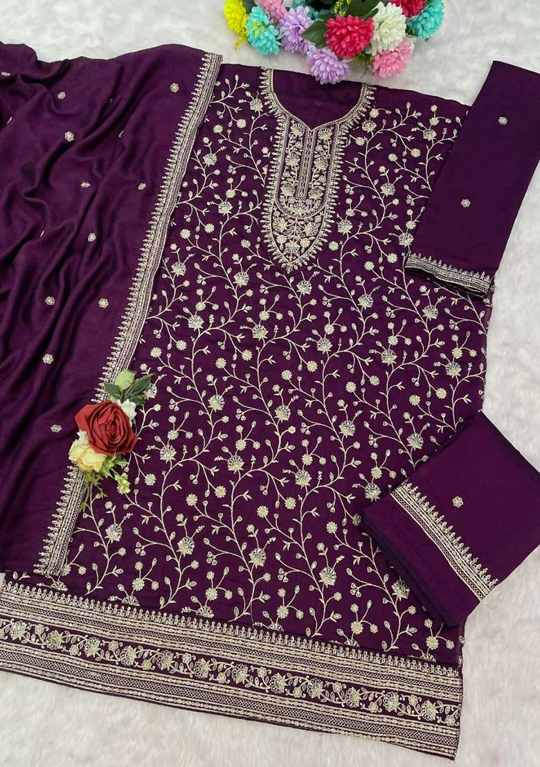 Wine Embroidered Silk Blend Kurta Set - Indya