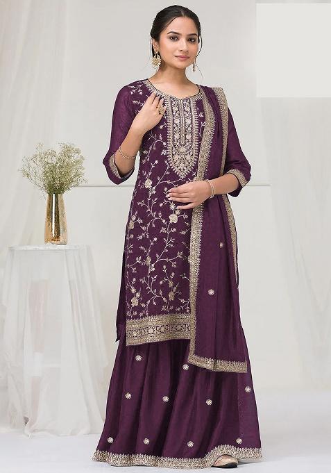 Wine Embroidered Silk Kurta Set