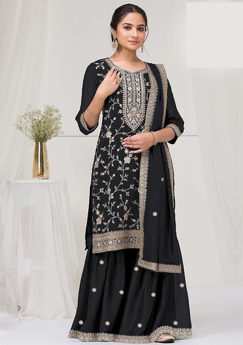 Black Embroidered Silk Blend Kurta Set - Indya