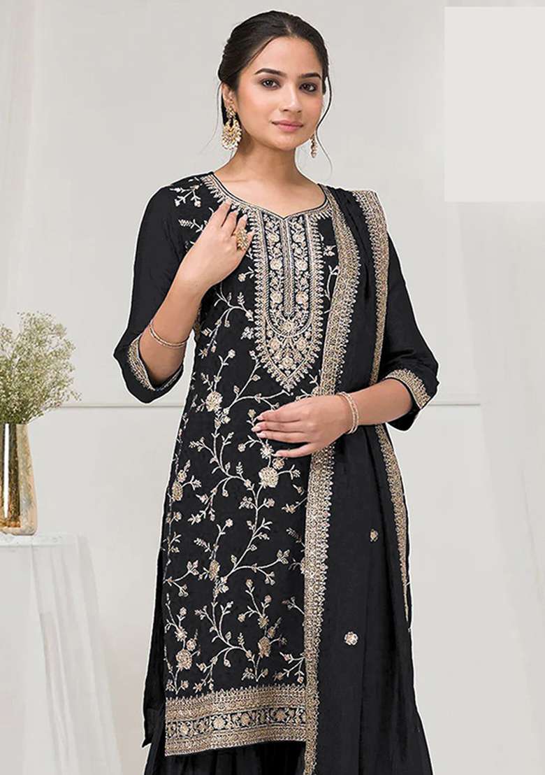 Black Embroidered Silk Blend Kurta Set - Indya