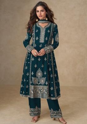 Teal Embroidered Silk Blend Kurta Set