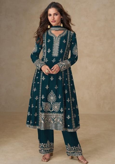 Teal Embroidered Silk Kurta Set