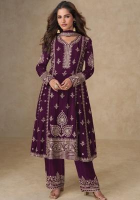 Purple Embroidered Silk Kurta Set