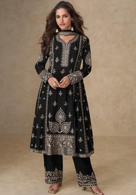 Black Embroidered Silk Kurta Set
