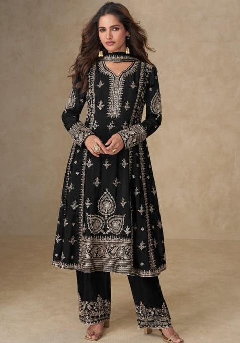 Black Embroidered Silk Kurta Set