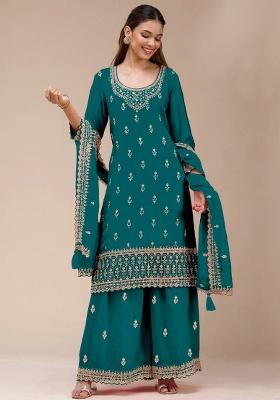 Teal Embroidered Georgette Kurta Set