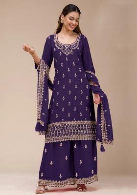 Purple Embroidered Georgette Kurta Set
