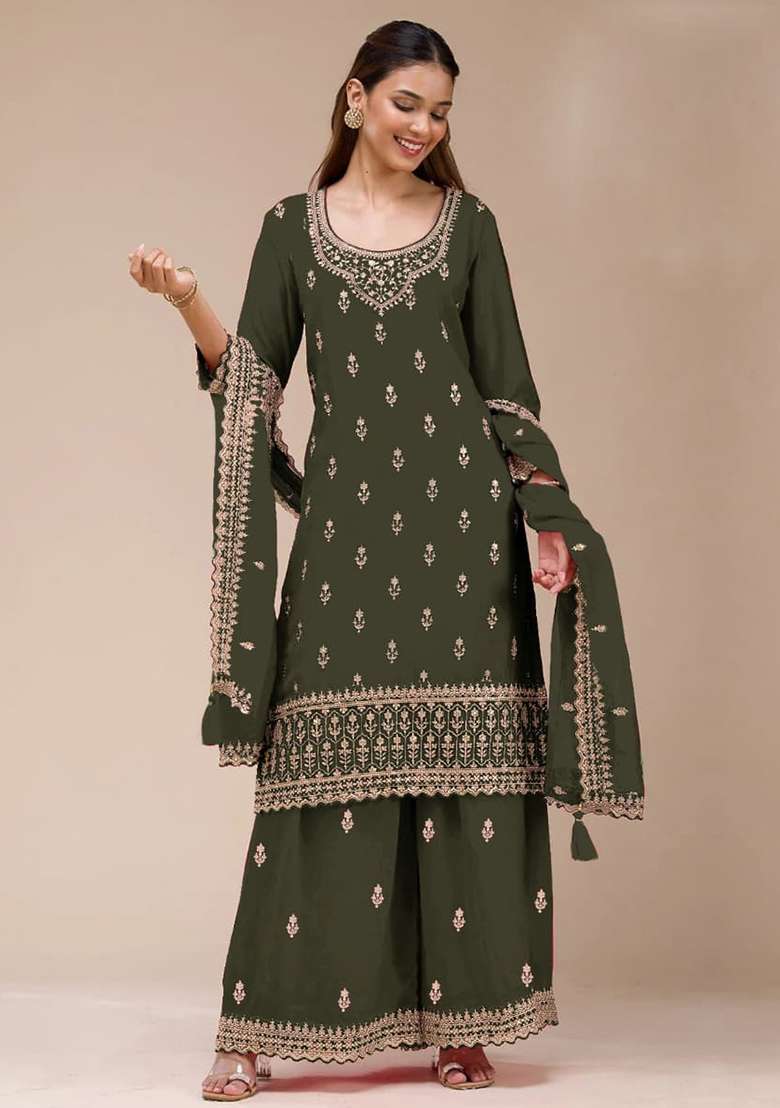 Green Embroidered Georgette Kurta Set - Indya