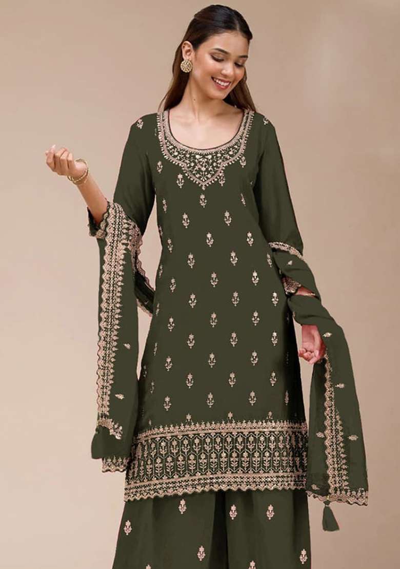 Green Embroidered Georgette Kurta Set - Indya