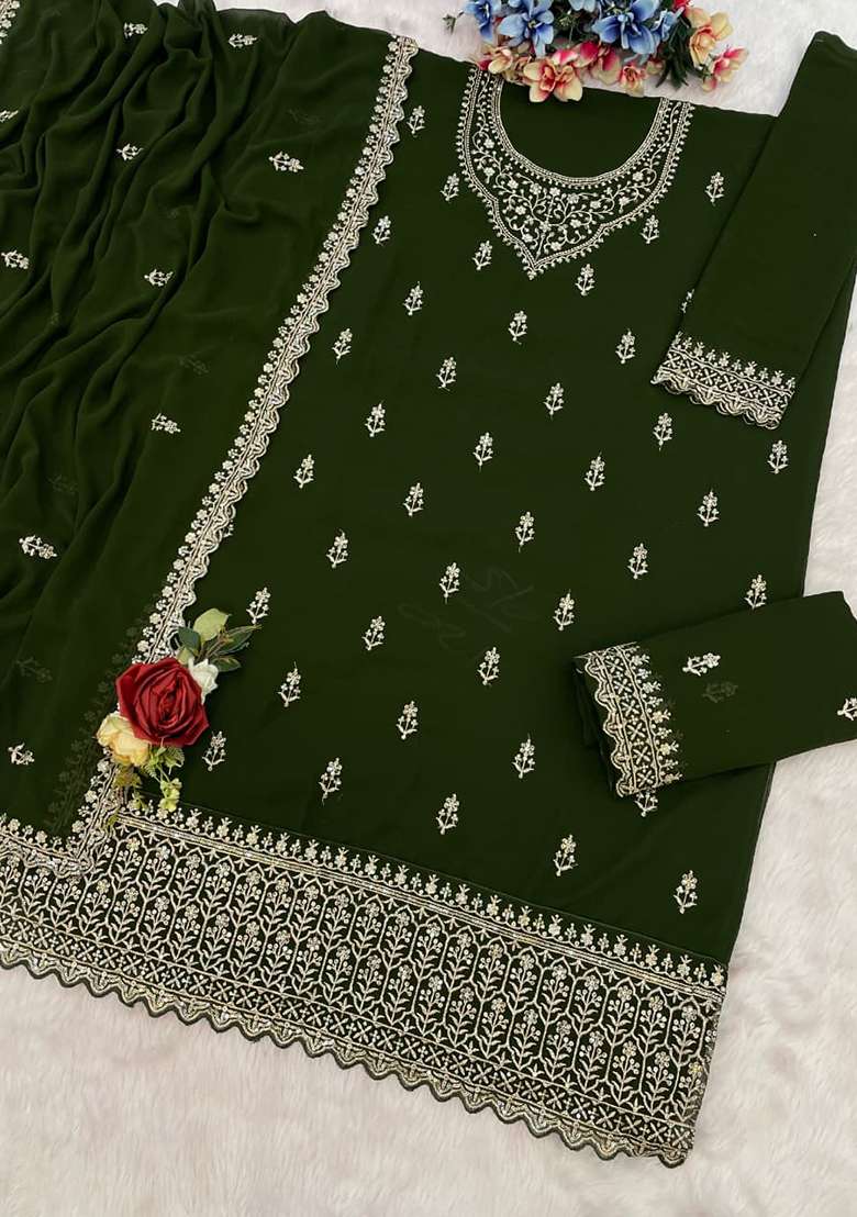 Green Embroidered Georgette Kurta Set - Indya