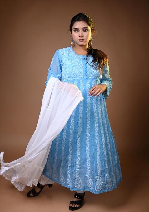 Sky Hand Work Georgette Kurti Set